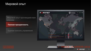 19
Мировой опыт
Полная прозрачность
Единая консоль управления
Мировой опыт противодействия
угрозам
#CODEIB Г. МИНСК 14 АПРЕЛЯ 2016
 