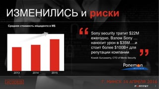 3
ИЗМЕНИЛИСЬ и риски
2013 2014 2015
$11,56
$12,69
$15,42
Средняя стоимость инцидента в M$
Sony security тратит $22M
ежегодно. Взлом Sony …
наносит урон в $35M….и
стоит более $100B+ для
репутации компании
Kowsik Guruswamy, CTO of Menlo Security
“ “
#CODEIB Г. МИНСК 14 АПРЕЛЯ 2016
 
