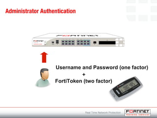 Administrator Authentication
Username and Password (one factor)
FortiToken (two factor)
+
 