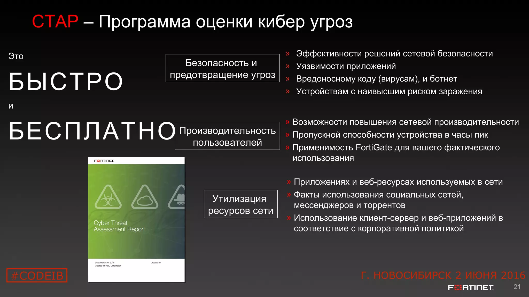 21
CTAP – Программа оценки кибер угроз
Это
БЫСТРО
и
БЕСПЛАТНО
Безопасность и
предотвращение угроз
Производительность
пользователей
Утилизация
ресурсов сети
Г. НОВОСИБИРСК 2 ИЮНЯ 2016
» Эффективности решений сетевой безопасности
» Уязвимости приложений
» Вредоносному коду (вирусам), и ботнет
» Устройствам с наивысшим риском заражения
» Приложениях и веб-ресурсах используемых в сети
» Факты использования социальных сетей,
мессенджеров и торрентов
» Использование клиент-сервер и веб-приложений в
соответствие с корпоративной политикой
» Возможности повышения сетевой производительности
» Пропускной способности устройства в часы пик
» Применимость FortiGate для вашего фактического
использования
#CODEIB
 