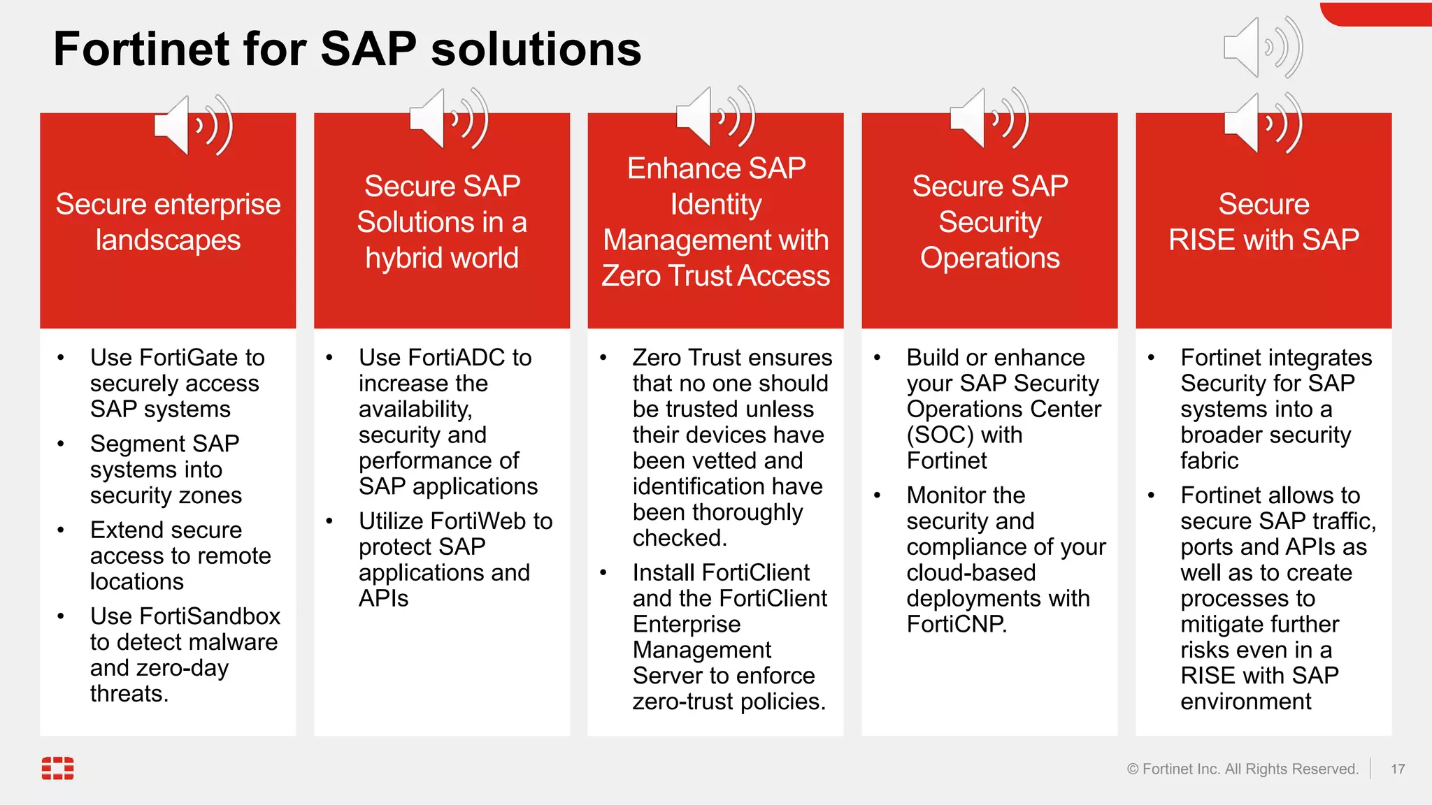 17
© Fortinet Inc. All Rights Reserved.
Fortinet for SAP solutions
Secure enterprise
landscapes
• Use FortiGate to
securely access
SAP systems
• Segment SAP
systems into
security zones
• Extend secure
access to remote
locations
• Use FortiSandbox
to detect malware
and zero-day
threats.
Secure SAP
Solutions in a
hybrid world
• Use FortiADC to
increase the
availability,
security and
performance of
SAP applications
• Utilize FortiWeb to
protect SAP
applications and
APIs
Enhance SAP
Identity
Management with
Zero Trust Access
• Zero Trust ensures
that no one should
be trusted unless
their devices have
been vetted and
identification have
been thoroughly
checked.
• Install FortiClient
and the FortiClient
Enterprise
Management
Server to enforce
zero-trust policies.
Secure SAP
Security
Operations
• Build or enhance
your SAP Security
Operations Center
(SOC) with
Fortinet
• Monitor the
security and
compliance of your
cloud-based
deployments with
FortiCNP.
Secure
RISE with SAP
• Fortinet integrates
Security for SAP
systems into a
broader security
fabric
• Fortinet allows to
secure SAP traffic,
ports and APIs as
well as to create
processes to
mitigate further
risks even in a
RISE with SAP
environment
 