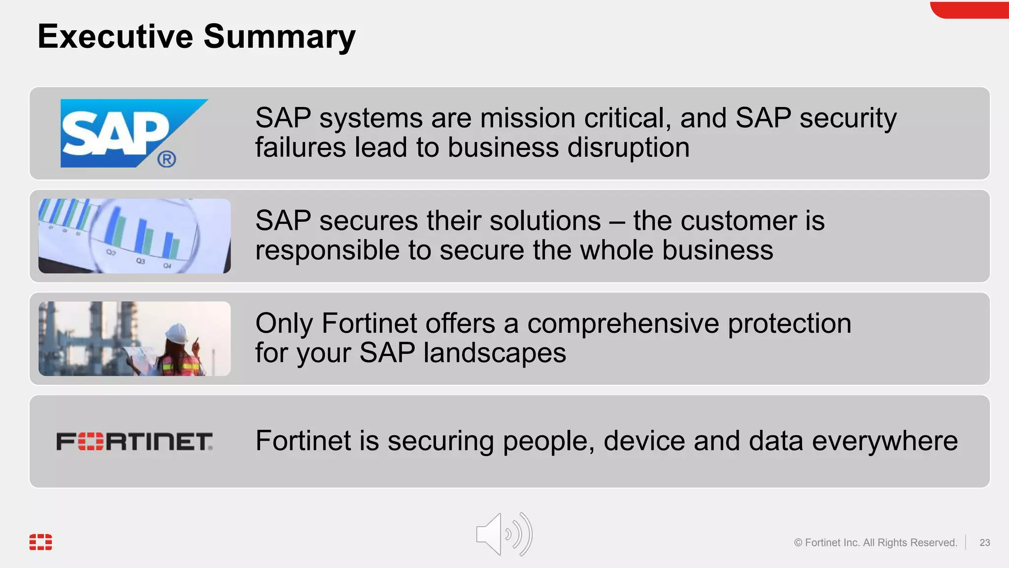 23
© Fortinet Inc. All Rights Reserved.
SAP systems are mission critical, and SAP security
failures lead to business disruption
SAP secures their solutions – the customer is
responsible to secure the whole business
Only Fortinet offers a comprehensive protection
for your SAP landscapes
Fortinet is securing people, device and data everywhere
Executive Summary
 
