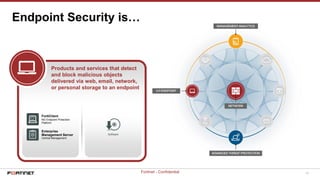 18Fortinet - Confidential
Endpoint Security is…
Software
FortiClient
NG Endpoint Protection
Platform
Enterprise
Management Server
Central Management
Products and services that detect
and block malicious objects
delivered via web, email, network,
or personal storage to an endpoint
 