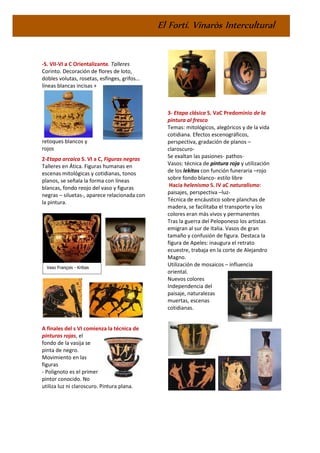 El Fortí. Vinaròs Intercultural
-S. VII-VI a C Orientalizante. Talleres
Corinto. Decoración de flores de loto,
dobles volutas, rosetas, esfinges, grifos…
líneas blancas incisas +
retoques blancos y
rojos
2-Etapa arcaica S. VI a C, Figuras negras
Talleres en Ática. Figuras humanas en
escenas mitológicas y cotidianas, tonos
planos, se señala la forma con líneas
blancas, fondo reojo del vaso y figuras
negras – siluetas-, aparece relacionada con
la pintura.
A finales del s VI comienza la técnica de
pinturas rojas, el
fondo de la vasija se
pinta de negro.
Movimiento en las
figuras
- Polignoto es el primer
pintor conocido. No
utiliza luz ni claroscuro. Pintura plana.
3- Etapa clásica S. VaC Predominio de la
pintura al fresco
Temas: mitológicos, alegóricos y de la vida
cotidiana. Efectos escenográficos,
perspectiva, gradación de planos –
claroscuro-
Se exaltan las pasiones- pathos-
Vasos: técnica de pintura roja y utilización
de los lekitos con función funeraria –rojo
sobre fondo blanco- estilo libre
Hacia helenismo S. IV aC naturalismo:
paisajes, perspectiva –luz-
Técnica de encáustico sobre planchas de
madera, se facilitaba el transporte y los
colores eran más vivos y permanentes
Tras la guerra del Peloponeso los artistas
emigran al sur de Italia. Vasos de gran
tamaño y confusión de figura. Destaca la
figura de Apeles: inaugura el retrato
ecuestre, trabaja en la corte de Alejandro
Magno.
Utilización de mosaicos – influencia
oriental.
Nuevos colores
Independencia del
paisaje, naturalezas
muertas, escenas
cotidianas.
Vaso François - Kritias
 