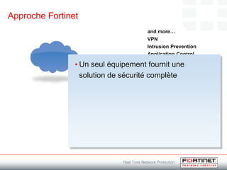 Approche Fortinet
Firewall
Antivirus
Antispam
WAN Optimization
Web Filtering
Application Control
Intrusion Prevention
VPN
and more…
• Un seul équipement fournit une
solution de sécurité complète
 