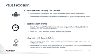 43
Value Proposition
$
 Best Price/Performance
 Security Processors (SPU( enable parallel path processing and delivers industry’s best threat
protection and SSL inspection performance
 Lower Total Cost of Ownership providing great value to customers
 Integration with Security Fabric
 Fortinet’s security fabric delivers broad protection and visibility across multiple attack vectors and
multiple form factors
 Integrated with key security fabric components such as FortiSandbox, FortiAnalyzer and third party
security devices for better security visibility and detection
 Industry Proven Security Effectiveness
 FortiGuard Web Filtering is the only VBWeb certified web filtering service in the industry
 Integration with Top-rated FortiSandbox recommended by NSS Labs to combat advanced threats
 