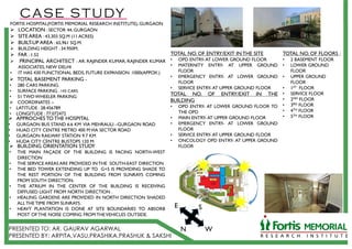 FORTIS HOSPITAL(FORTIS MEMORIAL RESEARCH INSTITUTE), GURGAON
 LOCATION : SECTOR 44, GURGAON
 SITE AREA : 43,303 SQ.M (11 ACRES)
 BUILT-UP AREA : 65,961 SQ.M.
 BUILDING HEIGHT : 34.950M.
 FAR : 1.52
 PRINCIPAL ARCHITECT : AR. RAJINDER KUMAR, RAJINDER KUMAR
ASSOCIATES, NEW DELHI
• IT HAS 430 FUNCTIONAL BEDS, FUTURE EXPANSION :1000(APPOX.)
TOTAL NO. OF ENTRY/EXIT IN THE SITE
• OPD ENTRY- AT LOWER GROUND FLOOR
• MATERNITY ENTRY- AT UPPER GROUND
FLOOR
• EMERGENCY ENTRY- AT LOWER GROUND
FLOOR
• SERVICE ENTRY- AT UPPER GROUND FLOOR
TOTAL NO. OF ENTRY/EXIT IN THE
BUILDING
• OPD ENTRY- AT LOWER GROUND FLOOR TO
THE OPD
• MAIN ENTRY- AT UPPER GROUND FLOOR
• EMERGENCY ENTRY- AT LOWER GROUND
FLOOR
• SERVICE ENTRY- AT UPPER GROUND FLOOR
• ONCOLOGY OPD ENTRY- AT UPPER GROUND
FLOOR
 APPROCHES TO THE HOSPITAL
• GURGAON BUS STAND 6.6 KM VIA MEHRAULI –GURGAON ROAD
• HUAD CITY CENTRE METRO 400 MVIA SECTOR ROAD
• GURGAON RAILWAY STATION 9.7 KM
• HUDA CITY CENTRE BUSTOPS 120 M
TOTAL NO. OF FLOORS :
• 2 BASEMENT FLOOR
• LOWER GROUND
FLOOR
• UPPER GROUND
FLOOR
• 1ST FLOOR
• SERVICE FLOOR
• 2ND FLOOR
• 3RD FLOOR
• 4TH FLOOR
• 5TH FLOOR
 BUILDING ORIENTATION STUDY
• THE MAIN FAÇADE OF THE BUILDING IS FACING NORTH-WEST
DIRECTION
• THE SERVICE AREAS ARE PROVIDED INTHE SOUTH-EAST DIRECTION
• THE BED TOWER EXTENDING UP TO G+5 IS PROVIDING SHADE TO
THE REST PORTION OF THE BUILDING FROM SUNRAYS COMING
FROM SOUTH DIRECTION.
• THE ATRIUM IN THE CENTER OF THE BUILDING IS RECEIVING
DIFFUSED LIGHT FROM NORTH DIRECTION .
• HEALING GARDENS ARE PROVIDED IN NORTH DIRECTION SHADED
ALL THETIME FROM SUNRAYS.
• HEAVY PLANTATION IS DONE AT SITE BOUNDARIES TO ABSORB
MOST OF THE NOISE COMING FROM THEVEHICLES OUTSIDE.
 TOTAL BASEMENT PARKING -
• 280 CARS PARKING
• SURFACE PARKING : 143 CARS
• 51 TWOWHEELER PARKING
 COORDINATES :-
• LATITUDE : 28.456789
• LONGITUDE : 77.072472
N
S
W
E
 
