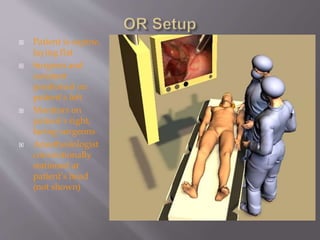  Patient is supine,
laying flat
 Surgeon and
assistant
positioned on
patient’s left
 Monitors on
patient’s right,
facing surgeons
 Anesthesiologist
conventionally
stationed at
patient’s head
(not shown)
 