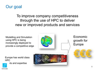 Our goal
To improve company competitiveness
through the use of HPC to deliver
new or improved products and services
Europe has world class
HPC
assets and expertise
Modelling and Simulation
using HPC is being
increasingly deployed to
provide a competitive edge
Economic
growth for
Europe
5
 