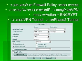 ייש לקבוע חוק ב  Firewall Policy   מבפנים החוצה מהשרת הרצוי אל קבוצת ה  IP   של לקוחות ה  VPN יש לבחור  Action = ENCRYPT  לבחור ב  VPN Tunnel  את ה  Phase2 Tunnel 