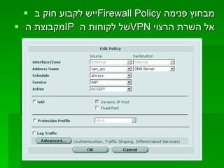 ייש לקבוע חוק ב  Firewall Policy   מבחוץ פנימה מקבוצת ה  IP   של לקוחות ה  VPN   אל השרת הרצוי 