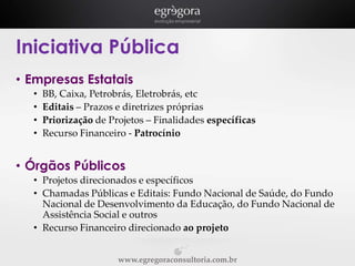 Iniciativa Pública
• Empresas Estatais
•
•
•
•

BB, Caixa, Petrobrás, Eletrobrás, etc
Editais – Prazos e diretrizes próprias
Priorização de Projetos – Finalidades específicas
Recurso Financeiro - Patrocínio

• Órgãos Públicos
• Projetos direcionados e específicos
• Chamadas Públicas e Editais: Fundo Nacional de Saúde, do Fundo
Nacional de Desenvolvimento da Educação, do Fundo Nacional de
Assistência Social e outros
• Recurso Financeiro direcionado ao projeto
www.egregoraconsultoria.com.br

 