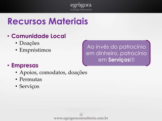 Recursos Materiais
• Comunidade Local
• Doações
• Empréstimos

• Empresas

Ao invés do patrocínio
em dinheiro, patrocínio
em Serviços!!!

• Apoios, comodatos, doações
• Permutas
• Serviços

www.egregoraconsultoria.com.br

 