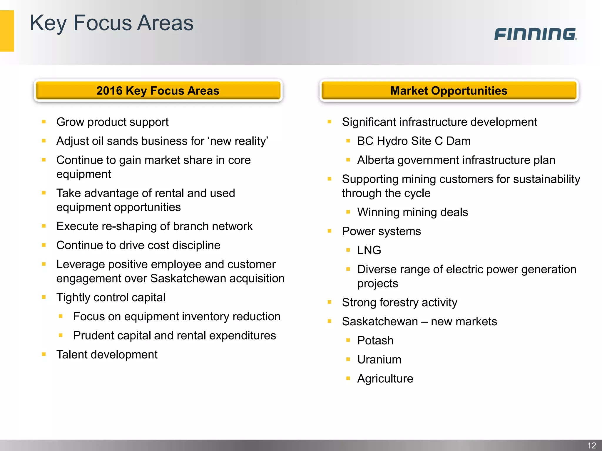 12
Key Focus Areas
Market Opportunities
 Significant infrastructure development
 BC Hydro Site C Dam
 Alberta government infrastructure plan
 Supporting mining customers for sustainability
through the cycle
 Winning mining deals
 Power systems
 LNG
 Diverse range of electric power generation
projects
 Strong forestry activity
 Saskatchewan – new markets
 Potash
 Uranium
 Agriculture
2016 Key Focus Areas
 Grow product support
 Adjust oil sands business for ‘new reality’
 Continue to gain market share in core
equipment
 Take advantage of rental and used
equipment opportunities
 Execute re-shaping of branch network
 Continue to drive cost discipline
 Leverage positive employee and customer
engagement over Saskatchewan acquisition
 Tightly control capital
 Focus on equipment inventory reduction
 Prudent capital and rental expenditures
 Talent development
 