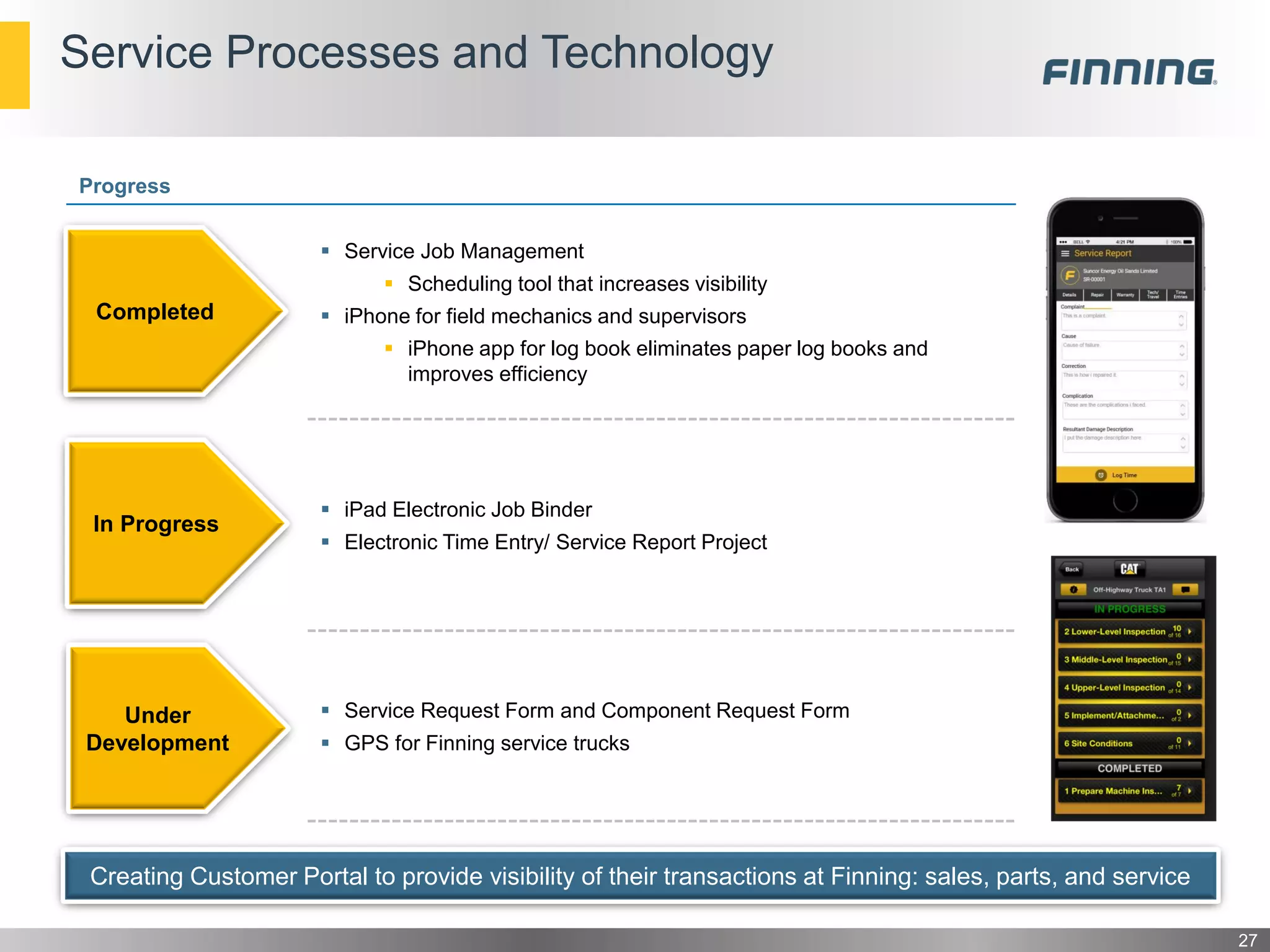 Service Processes and Technology
27
Progress
 Service Job Management
 Scheduling tool that increases visibility
 iPhone for field mechanics and supervisors
 iPhone app for log book eliminates paper log books and
improves efficiency
 iPad Electronic Job Binder
 Electronic Time Entry/ Service Report Project
 Service Request Form and Component Request Form
 GPS for Finning service trucks
Under
Development
Completed
In Progress
Creating Customer Portal to provide visibility of their transactions at Finning: sales, parts, and service
 