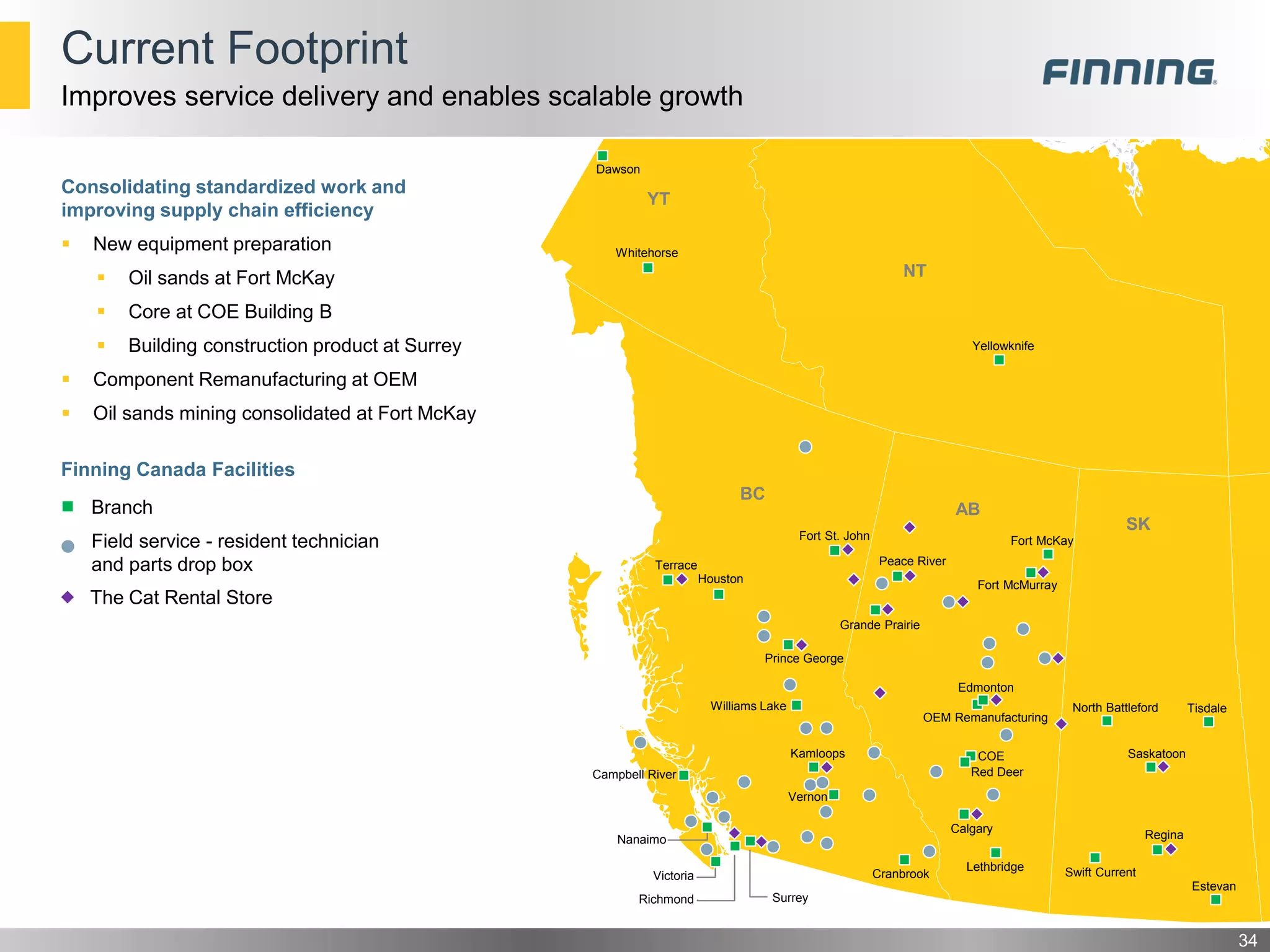 34
Current Footprint
Improves service delivery and enables scalable growth
BC
AB
NT
Cranbrook
YT
Yellowknife
Terrace
Edmonton
SK
Vernon
Fort McKay
COE
Whitehorse
Dawson
Fort St. John
Fort McMurray
Houston
Prince George
Williams Lake
Kamloops
SurreyRichmond
Campbell River
Nanaimo
Victoria
Peace River
Grande Prairie
OEM Remanufacturing
Red Deer
Calgary
Lethbridge
Saskatoon
Estevan
Swift Current
North Battleford
Regina
Tisdale
Branch
Field service - resident technician
and parts drop box
Finning Canada Facilities
The Cat Rental Store
Consolidating standardized work and
improving supply chain efficiency
 New equipment preparation
 Oil sands at Fort McKay
 Core at COE Building B
 Building construction product at Surrey
 Component Remanufacturing at OEM
 Oil sands mining consolidated at Fort McKay
 