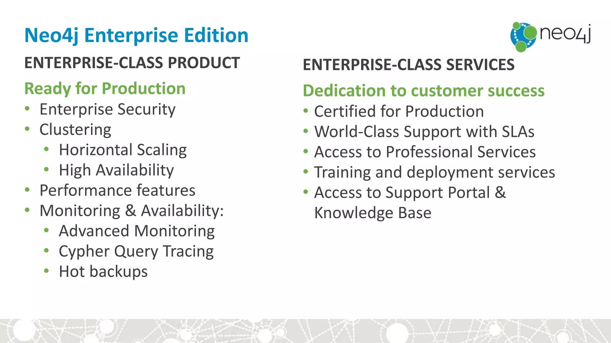 Neo4j Enterprise Edition
ENTERPRISE-CLASS PRODUCT
Ready for Production
• Enterprise Security
• Clustering
• Horizontal Scaling
• High Availability
• Performance features
• Monitoring & Availability:
• Advanced Monitoring
• Cypher Query Tracing
• Hot backups
ENTERPRISE-CLASS SERVICES
Dedication to customer success
• Certified for Production
• World-Class Support with SLAs
• Access to Professional Services
• Training and deployment services
• Access to Support Portal &
Knowledge Base
 
