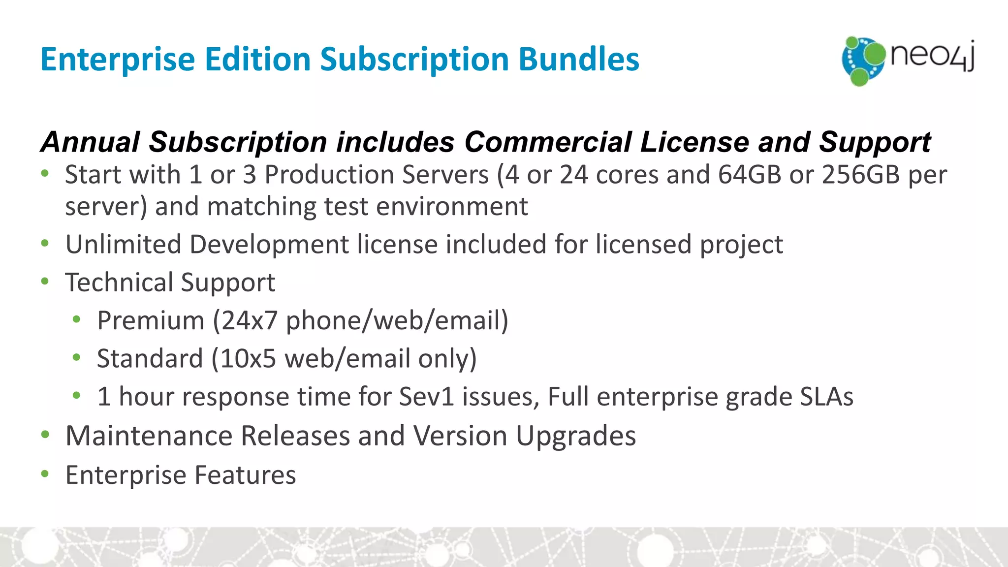 Enterprise Edition Subscription Bundles
Annual Subscription includes Commercial License and Support
• Start with 1 or 3 Production Servers (4 or 24 cores and 64GB or 256GB per
server) and matching test environment
• Unlimited Development license included for licensed project
• Technical Support
• Premium (24x7 phone/web/email)
• Standard (10x5 web/email only)
• 1 hour response time for Sev1 issues, Full enterprise grade SLAs
• Maintenance Releases and Version Upgrades
• Enterprise Features
 