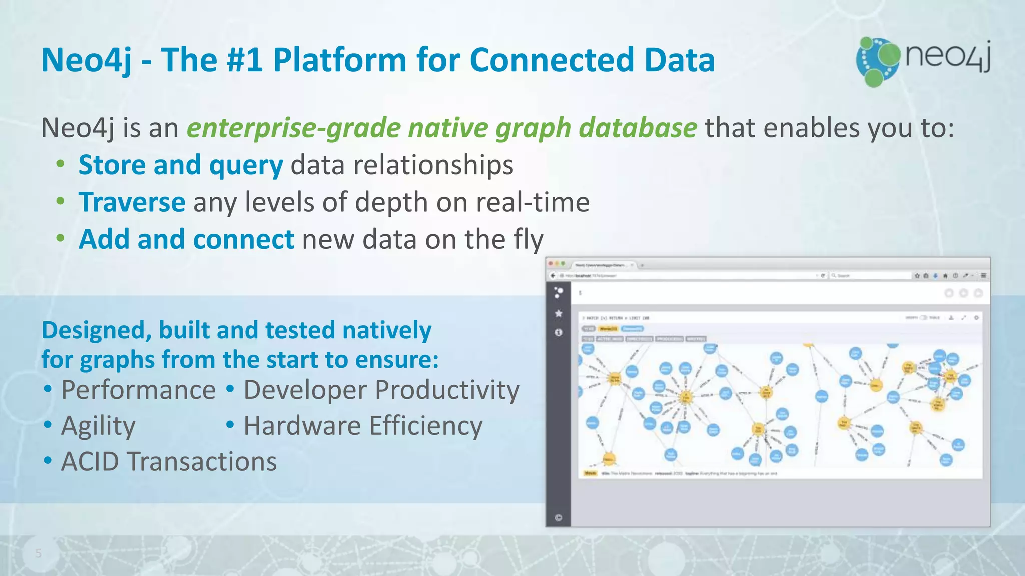 Neo4j - The #1 Platform for Connected Data
Neo4j is an enterprise-grade native graph database that enables you to:
• Store and query data relationships
• Traverse any levels of depth on real-time
• Add and connect new data on the fly
• Performance
• Agility
• ACID Transactions
5
Designed, built and tested natively
for graphs from the start to ensure:
• Developer Productivity
• Hardware Efficiency
 
