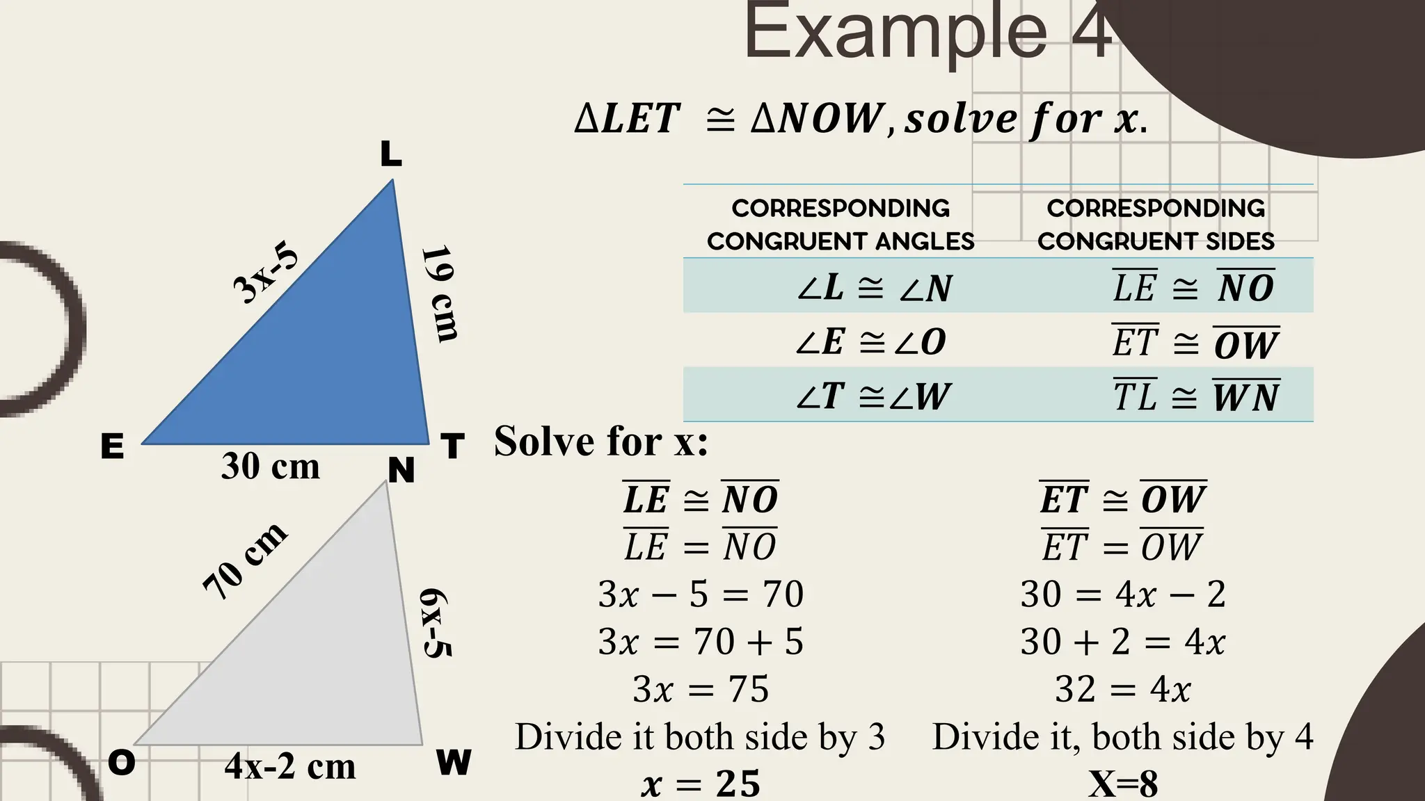 Example 4
∆𝑳𝑬𝑻 ≅ ∆𝑵𝑶𝑾, 𝒔𝒐𝒍𝒗𝒆 𝒇𝒐𝒓 𝒙.
30 cm
4x-2 cm
∠𝑳 ≅ 𝐿𝐸 ≅
∠𝑬 ≅ 𝐸𝑇 ≅
∠𝑻 ≅ 𝑇𝐿 ≅
∠𝑵
∠𝑶
∠𝑾
𝑵𝑶
𝑶𝑾
𝑾𝑵
Solve for x:
𝑳𝑬 ≅ 𝑵𝑶
𝐿𝐸 = 𝑁𝑂
3𝑥 − 5 = 70
3𝑥 = 70 + 5
3𝑥 = 75
Divide it both side by 3
𝒙 = 𝟐𝟓
𝑬𝑻 ≅ 𝑶𝑾
𝐸𝑇 = 𝑂𝑊
30 = 4𝑥 − 2
30 + 2 = 4𝑥
32 = 4𝑥
Divide it, both side by 4
X=8
L
E T
N
O W
 