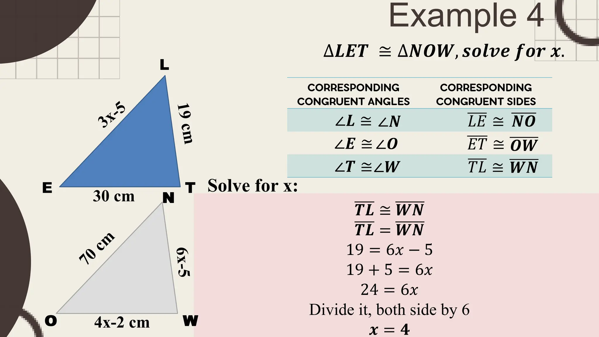 Example 4
∆𝑳𝑬𝑻 ≅ ∆𝑵𝑶𝑾, 𝒔𝒐𝒍𝒗𝒆 𝒇𝒐𝒓 𝒙.
30 cm
4x-2 cm
∠𝑳 ≅ 𝐿𝐸 ≅
∠𝑬 ≅ 𝐸𝑇 ≅
∠𝑻 ≅ 𝑇𝐿 ≅
∠𝑵
∠𝑶
∠𝑾
𝑵𝑶
𝑶𝑾
𝑾𝑵
Solve for x:
𝑳𝑬 ≅ 𝑵𝑶
𝐿𝐸 = 𝑁𝑂
3𝑥 − 5 = 70
3𝑥 = 70 + 5
3𝑥 = 75
Divide it both side by three
𝒙 = 𝟐𝟓
𝑬𝑻 ≅ 𝑶𝑾
𝐸𝑇 = 𝑂𝑊
30 = 4𝑥 − 2
30 + 2 = 4𝑥
32 = 4𝑥
Divide it, both side by 4
X=8
𝑻𝑳 ≅ 𝑾𝑵
𝑻𝑳 = 𝑾𝑵
19 = 6𝑥 − 5
19 + 5 = 6𝑥
24 = 6𝑥
Divide it, both side by 6
𝒙 = 𝟒
L
E T
N
O W
N
O W
 