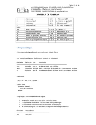 Página 25 de 50
UNIVERSIDADE ESTADUAL DO CEARÁ – UECE - CURSO DE FÍSICA
INTRODUÇÃO A CIÊNCIA DOS COMPUTADORES
PROFESSOR DR. CARLOS SANTANA –dr.acss@gmail.com

APOSTILA DE FORTRAN
<
<=
>
>=
todos
.eq.
.ne.
.lt.
.le.
.gt.
.ge.

menor que
menor ou igual
maior que
maior ou igual

A<B
A<=B
A>B
A>=B

A é menor a B?
A é menor ou igual a B?
A é maior que B ?
A é maior ou igual a B?

igual a (equal)
diferente de (not equal)
menor que (less than)
menor ou igual (less or equal)
maior que (greater than)
maior ou igual (greater or equal)

A.eq.B
A.ne.B
A.lt.B
A.le.B
A.gt.B
A.ge.B

A é igual a B ?
A é diferente de B?
A é menor a B?
A é menor ou igual a B?
A é maior que B ?
A é maior ou igual a B?

4.4. Expressões Lógicas
- Uma expressão lógica é usada para realizar um cálculo lógico.

- Os "operadores lógicos" são (listamos somente os principais):
Operador Definição Uso
Significado
----------------------------------------------------------------------------------------------------.not.
negação .not.A
se A é verdade, .not.A é falso
.and.
conjunção A.and.B para a expressão ser verdade, A e B precisam ser verdade
.or.
disjunção A.or.B para a expressão ser verdade, A ,ou B, precisa ser verdade

- Exemplos:
1) if(x1.eq.x.and.x2.eq.x1) then …
2) fim=.false.
do while(.not.fim) …
bloco de comandos
enddo

- Regras para cálculos de expressões lógicas.
1.
2.
3.
4.

Parênteses podem ser usados e são calculados antes.
Os operadores aritméticos são calculados em segundo lugar.
Os operadores relacionais são calculados em terceiro lugar.
As operações lógicas são realizadas na seguinte ordem de precedência:

Operador
Precedência
-----------------------------------------------------------------.not.
mais alta

 