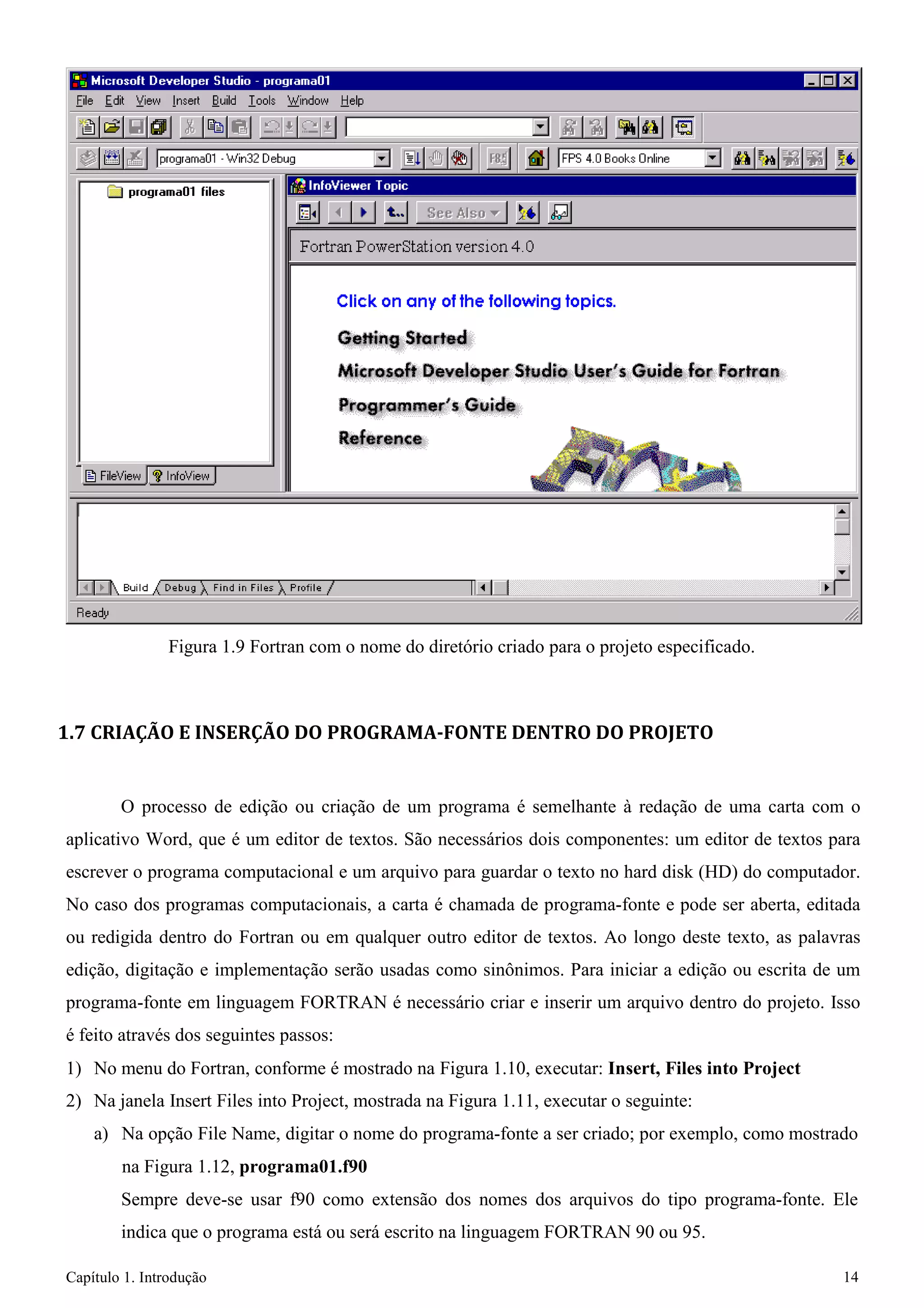 Capítulo 1. Introdução 14 
Figura 1.9 Fortran com o nome do diretório criado para o projeto especificado. 
1.7 CRIAÇÃO E INSERÇÃO DO PROGRAMA-FONTE DENTRO DO PROJETO 
O processo de edição ou criação de um programa é semelhante à redação de uma carta com o aplicativo Word, que é um editor de textos. São necessários dois componentes: um editor de textos para escrever o programa computacional e um arquivo para guardar o texto no hard disk (HD) do computador. No caso dos programas computacionais, a carta é chamada de programa-fonte e pode ser aberta, editada ou redigida dentro do Fortran ou em qualquer outro editor de textos. Ao longo deste texto, as palavras edição, digitação e implementação serão usadas como sinônimos. Para iniciar a edição ou escrita de um programa-fonte em linguagem FORTRAN é necessário criar e inserir um arquivo dentro do projeto. Isso é feito através dos seguintes passos: 
1) No menu do Fortran, conforme é mostrado na Figura 1.10, executar: Insert, Files into Project 
2) Na janela Insert Files into Project, mostrada na Figura 1.11, executar o seguinte: 
a) Na opção File Name, digitar o nome do programa-fonte a ser criado; por exemplo, como mostrado na Figura 1.12, programa01.f90 
Sempre deve-se usar f90 como extensão dos nomes dos arquivos do tipo programa-fonte. Ele indica que o programa está ou será escrito na linguagem FORTRAN 90 ou 95.  