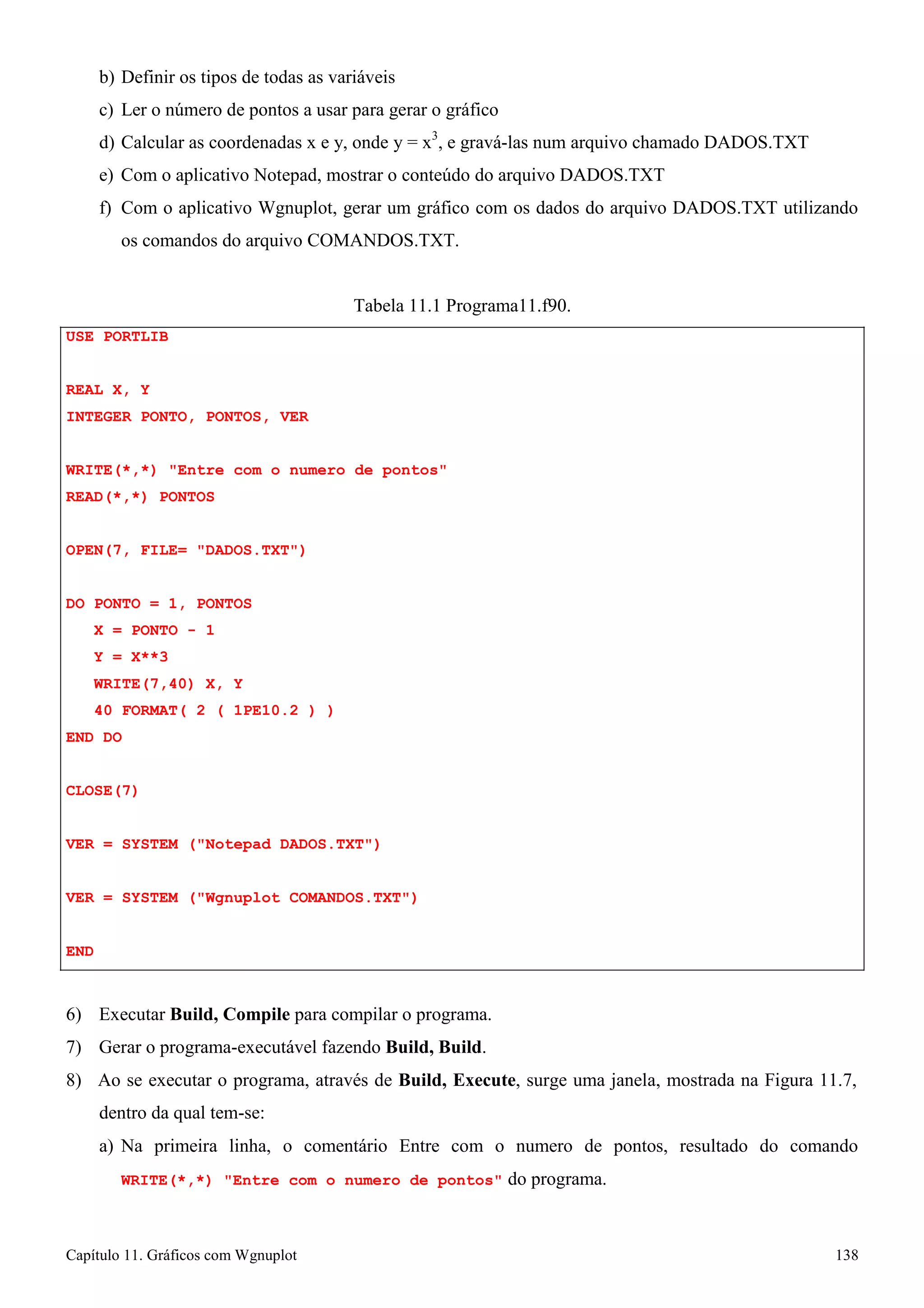 Capítulo 11. Gráficos comWgnuplot 138 
b) Definir os tipos de todas as variáveis 
c) Ler o número de pontos a usar para gerar o gráfico 
d) Calcular as coordenadas x e y, onde y = x3, e gravá-las num arquivo chamado DADOS.TXT 
e) Com o aplicativo Notepad, mostrar o conteúdo do arquivo DADOS.TXT 
f) Com o aplicativo Wgnuplot, gerar um gráfico com os dados do arquivo DADOS.TXT utilizando os comandos do arquivo COMANDOS.TXT. 
USE PORTLIB REAL X, Y 
INTEGER PONTO, PONTOS, VER 
Tabela 11.1 Programa11.f90. 
WRITE(*,*) Entre com o numero de pontos READ(*,*) PONTOS 
OPEN(7, FILE= DADOS.TXT) 
DO PONTO = 1, PONTOS X = PONTO - 1 
Y = X**3 
WRITE(7,40) X, Y 
40 FORMAT( 2 ( 1PE10.2 ) ) END DO 
CLOSE(7) 
VER = SYSTEM (Notepad DADOS.TXT) 
VER = SYSTEM (Wgnuplot COMANDOS.TXT) END 
6) Executar Build, Compile para compilar o programa. 
7) Gerar o programa-executável fazendo Build, Build. 
8) Ao se executar o programa, através de Build, Execute, surge uma janela, mostrada na Figura 11.7, dentro da qual tem-se: 
a) Na primeira linha, o comentário Entre com o numero de pontos, resultado do comando 
WRITE(*,*) Entre com o numero de pontos do programa.  
