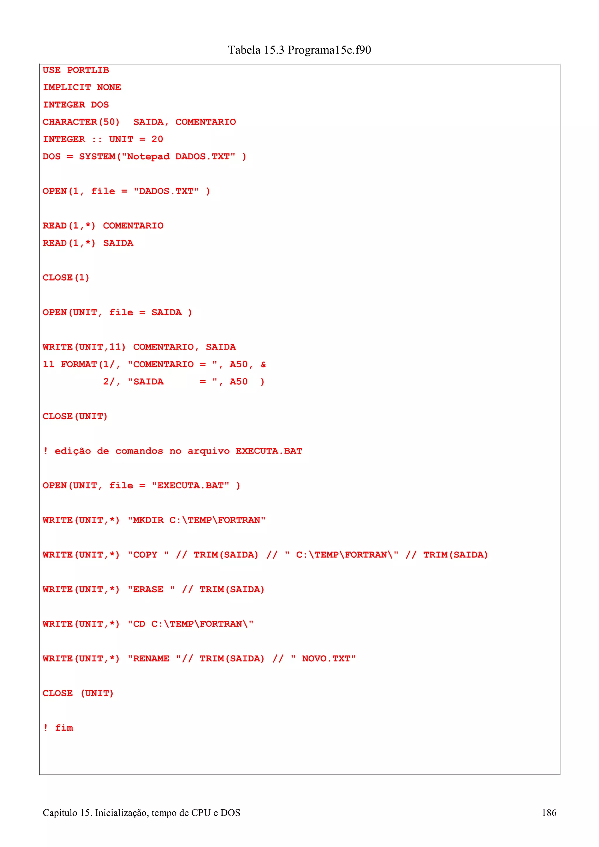 Capítulo 15. Inicialização, tempo de CPU e DOS 186 
USE PORTLIB IMPLICIT NONE INTEGER DOS 
Tabela 15.3 Programa15c.f90 
CHARACTER(50) SAIDA, COMENTARIO INTEGER :: UNIT = 20 
DOS = SYSTEM(Notepad DADOS.TXT ) OPEN(1, file = DADOS.TXT ) 
READ(1,*) COMENTARIO READ(1,*) SAIDA 
CLOSE(1) 
OPEN(UNIT, file = SAIDA ) WRITE(UNIT,11) COMENTARIO, SAIDA 
11 FORMAT(1/, COMENTARIO = , A50,  
2/, SAIDA = , A50 ) CLOSE(UNIT) 
! edição de comandos no arquivo EXECUTA.BAT OPEN(UNIT, file = EXECUTA.BAT ) WRITE(UNIT,*) MKDIR C:TEMPFORTRAN 
WRITE(UNIT,*) COPY  // TRIM(SAIDA) //  C:TEMPFORTRAN // TRIM(SAIDA) WRITE(UNIT,*) ERASE  // TRIM(SAIDA) 
WRITE(UNIT,*) CD C:TEMPFORTRAN 
WRITE(UNIT,*) RENAME // TRIM(SAIDA) //  NOVO.TXT CLOSE (UNIT) 
! fim  