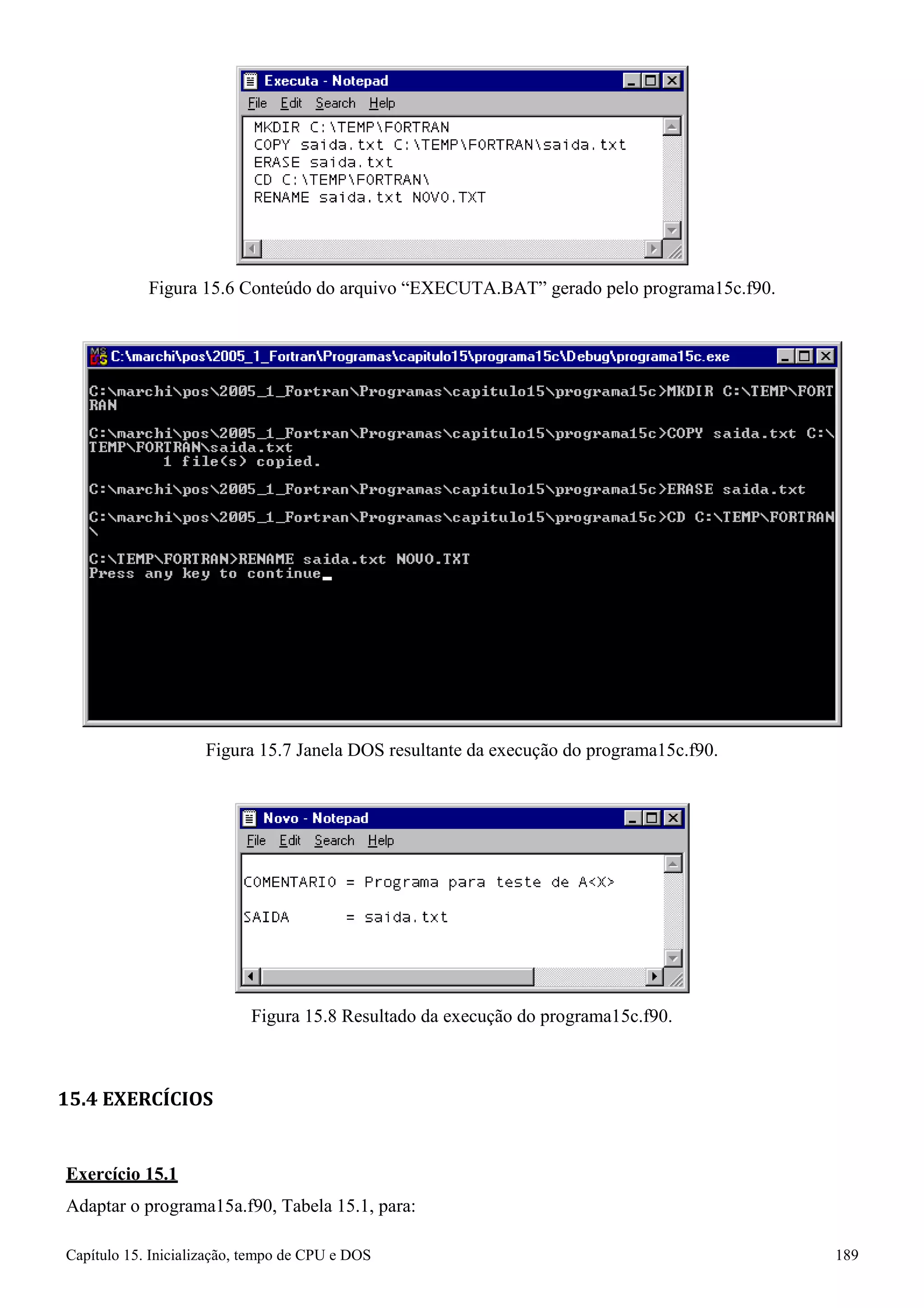 Capítulo 15. Inicialização, tempo de CPU e DOS 189 
Figura 15.6 Conteúdo do arquivo “EXECUTA.BAT” gerado pelo programa15c.f90. 
Figura 15.7 Janela DOS resultante da execução do programa15c.f90. 
Figura 15.8 Resultado da execução do programa15c.f90. 
15.4 EXERCÍCIOS 
Exercício 15.1 
Adaptar o programa15a.f90, Tabela 15.1, para:  
