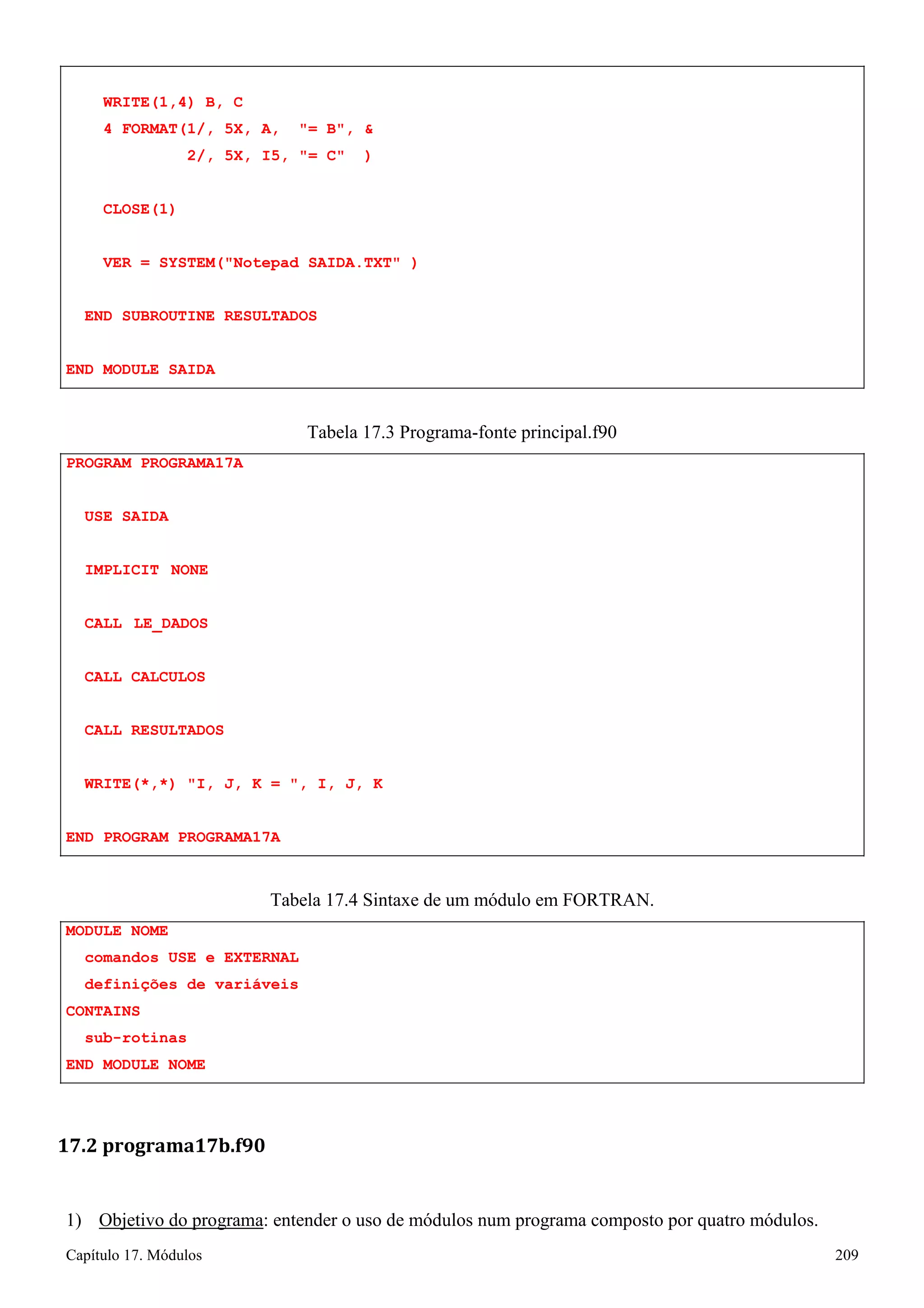Capítulo 17. Módulos 209 
WRITE(1,4) B, C 
4 FORMAT(1/, 5X, A, = B,  
2/, 5X, I5, = C ) CLOSE(1) 
VER = SYSTEM(Notepad SAIDA.TXT ) END SUBROUTINE RESULTADOS 
END MODULE SAIDA 
PROGRAM PROGRAMA17A USE SAIDA 
IMPLICIT NONE CALL LE_DADOS CALL CALCULOS 
CALL RESULTADOS 
Tabela 17.3 Programa-fonte principal.f90 
WRITE(*,*) I, J, K = , I, J, K 
END PROGRAM PROGRAMA17A 
MODULE NOME 
Tabela 17.4 Sintaxe de um módulo em FORTRAN. 
comandos USE e EXTERNAL 
definições de variáveis 
CONTAINS 
sub-rotinas 
END MODULE NOME 
17.2 programa17b.f90 
1) Objetivo do programa: entender o uso de módulos num programa composto por quatro módulos.  