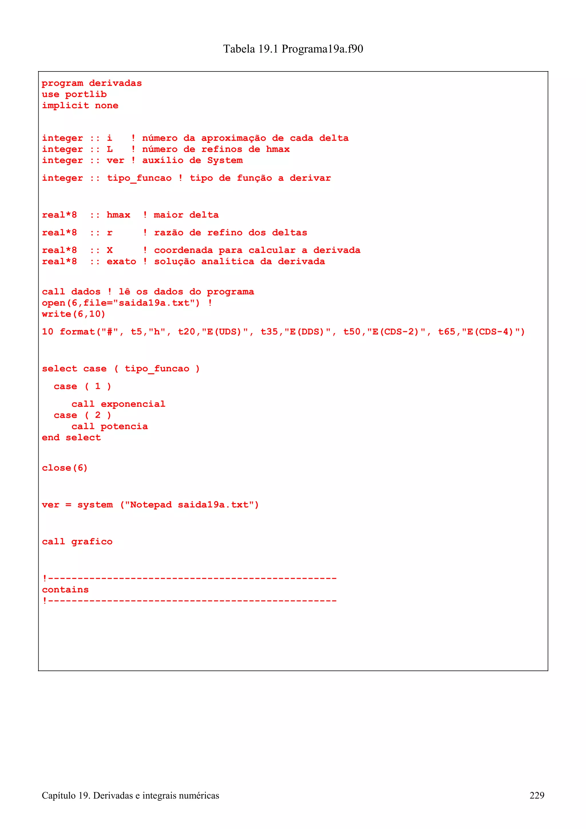 Capítulo 19. Derivadas e integrais numéricas 229 
program derivadas use portlib implicit none 
Tabela 19.1 Programa19a.f90 
integer :: i ! número da aproximação de cada delta integer :: L ! número de refinos de hmax 
integer :: ver ! auxílio de System 
integer :: tipo_funcao ! tipo de função a derivar 
real*8 :: hmax ! maior delta 
real*8 :: r ! razão de refino dos deltas 
real*8 :: X ! coordenada para calcular a derivada real*8 :: exato ! solução analítica da derivada 
call dados ! lê os dados do programa open(6,file=saida19a.txt) ! 
write(6,10) 
10 format(#, t5,h, t20,E(UDS), t35,E(DDS), t50,E(CDS-2), t65,E(CDS-4)) 
select case ( tipo_funcao ) 
case ( 1 ) 
call exponencial case ( 2 ) 
call potencia end select 
close(6) 
ver = system (Notepad saida19a.txt) 
call grafico 
!------------------------------------------------- contains 
!-------------------------------------------------  