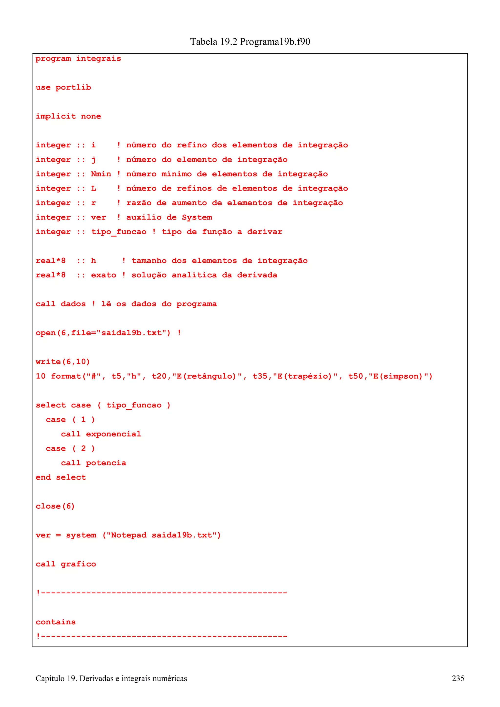 Capítulo 19. Derivadas e integrais numéricas 235 
program integrais use portlib implicit none 
Tabela 19.2 Programa19b.f90 
integer :: i ! número do refino dos elementos de integração integer :: j ! número do elemento de integração 
integer :: Nmin ! número mínimo de elementos de integração integer :: L ! número de refinos de elementos de integração integer :: r ! razão de aumento de elementos de integração integer :: ver ! auxílio de System 
integer :: tipo_funcao ! tipo de função a derivar 
real*8 :: h ! tamanho dos elementos de integração real*8 :: exato ! solução analítica da derivada 
call dados ! lê os dados do programa open(6,file=saida19b.txt) ! 
write(6,10) 
10 format(#, t5,h, t20,E(retângulo), t35,E(trapézio), t50,E(simpson)) 
select case ( tipo_funcao ) 
case ( 1 ) 
call exponencial case ( 2 ) 
call potencia end select 
close(6) 
ver = system (Notepad saida19b.txt) 
call grafico 
!------------------------------------------------- contains 
!-------------------------------------------------  