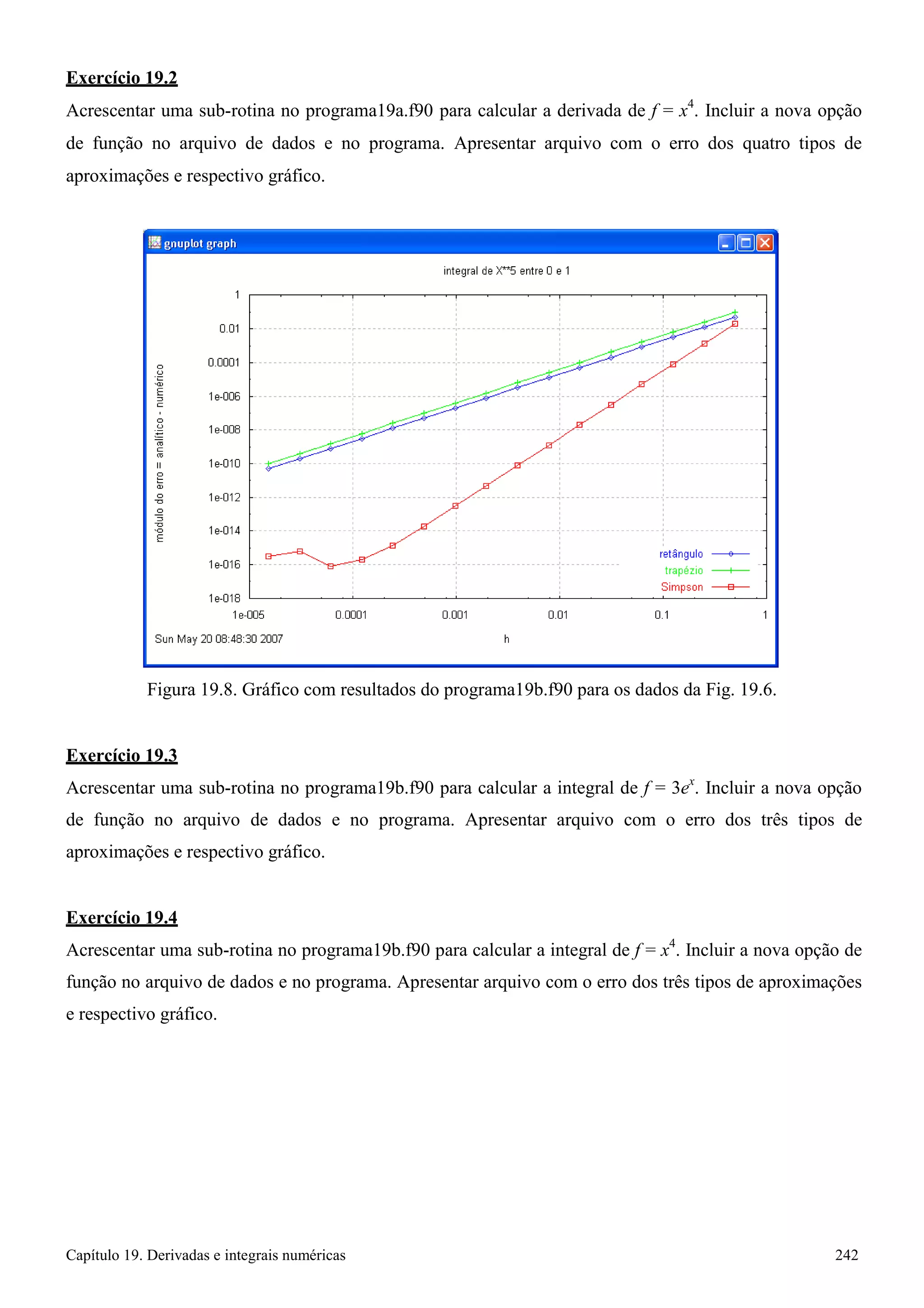 Capítulo 19. Derivadas e integrais numéricas 242 
Exercício 19.2 
Acrescentar uma sub-rotina no programa19a.f90 para calcular a derivada de f = x4. Incluir a nova opção de função no arquivo de dados e no programa. Apresentar arquivo com o erro dos quatro tipos de aproximações e respectivo gráfico. 
Figura 19.8. Gráfico com resultados do programa19b.f90 para os dados da Fig. 19.6. 
Exercício 19.3 
Acrescentar uma sub-rotina no programa19b.f90 para calcular a integral de f = 3ex. Incluir a nova opção de função no arquivo de dados e no programa. Apresentar arquivo com o erro dos três tipos de aproximações e respectivo gráfico. 
Exercício 19.4 
Acrescentar uma sub-rotina no programa19b.f90 para calcular a integral de f = x4. Incluir a nova opção de função no arquivo de dados e no programa. Apresentar arquivo com o erro dos três tipos de aproximações e respectivo gráfico.  