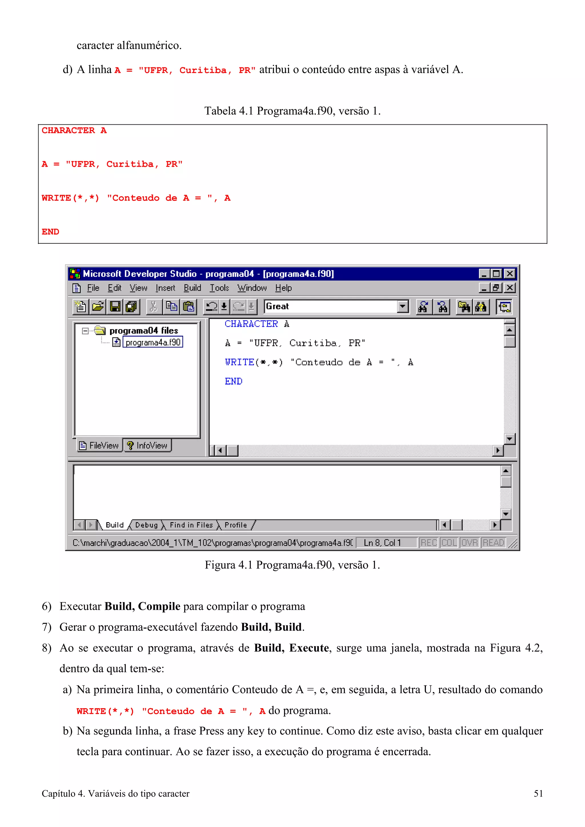 Capítulo 4. Variáveis do tipo caracter 51 
caracter alfanumérico. 
d) A linha A = UFPR, Curitiba, PR atribui o conteúdo entre aspas à variável A. 
CHARACTER A 
A = UFPR, Curitiba, PR 
Tabela 4.1 Programa4a.f90, versão 1. 
WRITE(*,*) Conteudo de A = , A 
END 
Figura 4.1 Programa4a.f90, versão 1. 
6) Executar Build, Compile para compilar o programa 
7) Gerar o programa-executável fazendo Build, Build. 
8) Ao se executar o programa, através de Build, Execute, surge uma janela, mostrada na Figura 4.2, dentro da qual tem-se: 
a) Na primeira linha, o comentário Conteudo de A =, e, em seguida, a letra U, resultado do comando 
WRITE(*,*) Conteudo de A = , A do programa. 
b) Na segunda linha, a frase Press any key to continue. Como diz este aviso, basta clicar em qualquer tecla para continuar. Ao se fazer isso, a execução do programa é encerrada.  