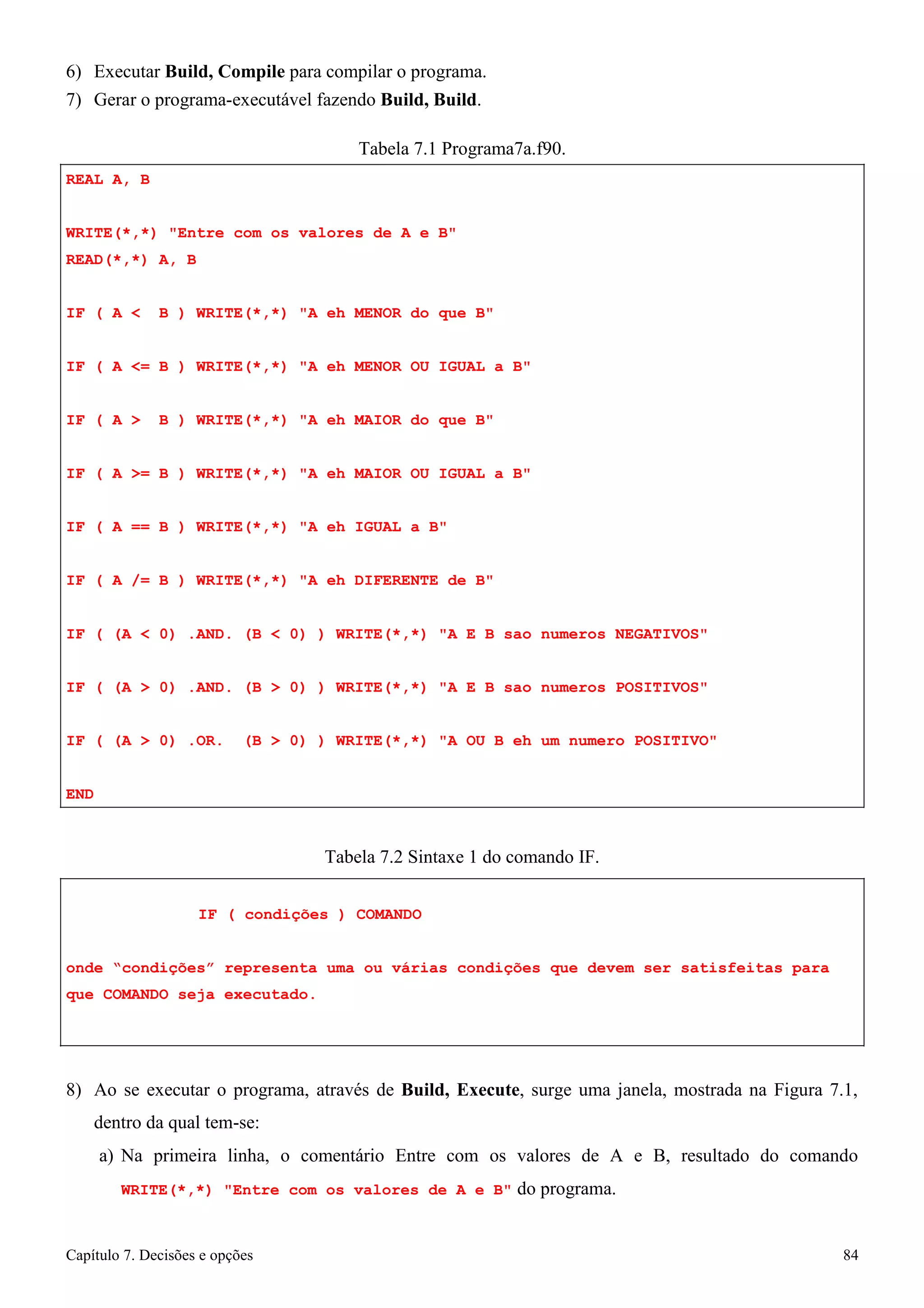 Capítulo 7. Decisões e opções 84 
6) Executar Build, Compile para compilar o programa. 
7) Gerar o programa-executável fazendo Build, Build. 
REAL A, B 
Tabela 7.1 Programa7a.f90. 
WRITE(*,*) Entre com os valores de A e B READ(*,*) A, B 
IF ( A  B ) WRITE(*,*) A eh MENOR do que B 
IF ( A = B ) WRITE(*,*) A eh MENOR OU IGUAL a B IF ( A  B ) WRITE(*,*) A eh MAIOR do que B 
IF ( A = B ) WRITE(*,*) A eh MAIOR OU IGUAL a B IF ( A == B ) WRITE(*,*) A eh IGUAL a B 
IF ( A /= B ) WRITE(*,*) A eh DIFERENTE de B 
IF ( (A  0) .AND. (B  0) ) WRITE(*,*) A E B sao numeros NEGATIVOS IF ( (A  0) .AND. (B  0) ) WRITE(*,*) A E B sao numeros POSITIVOS IF ( (A  0) .OR. (B  0) ) WRITE(*,*) A OU B eh um numero POSITIVO END 
Tabela 7.2 Sintaxe 1 do comando IF. 
IF ( condições ) COMANDO 
onde “condições” representa uma ou várias condições que devem ser satisfeitas para que COMANDO seja executado. 
8) Ao se executar o programa, através de Build, Execute, surge uma janela, mostrada na Figura 7.1, dentro da qual tem-se: 
a) Na primeira linha, o comentário Entre com os valores de A e B, resultado do comando 
WRITE(*,*) Entre com os valores de A e B do programa.  