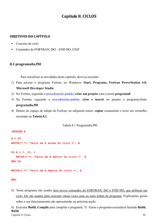 Capítulo 8. Ciclos 94 
Capítulo 8. CICLOS 
OBJETIVOS DO CAPÍTULO 
• Conceito de ciclo 
• Comandos do FORTRAN: DO – END DO, EXIT 
8.1 programa8a.f90 
Para inicializar as atividades deste capítulo, deve-se executar: 
1) Para acessar o programa Fortran, no Windows: Start, Programs, Fortran PowerStation 4.0, Microsoft Developer Studio 
2) No Fortran, seguindo o procedimento-padrão, criar um projeto com o nome programa8 
3) No Fortran, seguindo o procedimento-padrão, criar e inserir no projeto o programa-fonte 
programa8a.f90 
4) Dentro do espaço de edição do Fortran, na subjanela maior, copiar exatamente o texto em vermelho mostrado na Tabela 8.1. 
Tabela 8.1 Programa8a.f90 
INTEGER A 
A = 20 
WRITE(*,*) Valor de A antes do ciclo =, A 
DO A = 1, 10, 1 
WRITE(*,*) Valor de A dentro do ciclo =, A END DO 
WRITE(*,*) Valor de A depois do ciclo =, A 
END 
5) Neste programa são usados dois novos comandos do FORTRAN: DO e END DO, que definem um ciclo. Ele são usados para executar várias vezes uma ou mais linhas do programa. Explicações gerais sobre o seu funcionamento são apresentadas na próxima seção. 
6) Executar Build, Compile para compilar o programa. 7) Gerar o programa-executável fazendo Build, Build.  
