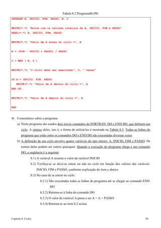 Capítulo 8. Ciclos 96 
Tabela 8.2 Programa8b.f90. 
INTEGER A, INICIO, FIM, PASSO, B, C 
WRITE(*,*) Entre com os valores inteiros de A, INICIO, FIM e PASSO READ(*,*) A, INICIO, FIM, PASSO 
WRITE(*,*) Valor de A antes do ciclo =, A B = (FIM - INICIO + PASSO) / PASSO 
C = MAX ( B, 0 ) 
WRITE(*,*) O ciclo deve ser executado, C,  vezes DO A = INICIO, FIM, PASSO 
WRITE(*,*) Valor de A dentro do ciclo =, A END DO 
WRITE(*,*) Valor de A depois do ciclo =, A 
END 
4) Comentários sobre o programa: 
a) Neste programa são usados dois novos comandos do FORTRAN: DO e END DO, que definem um ciclo. A sintaxe deles, isto é, a forma de utilizá-los é mostrada na Tabela 8.3. Todas as linhas do programa que estão entre os comandos DO e END DO são executadas diversas vezes. 
b) A definição de um ciclo envolve quatro variáveis do tipo inteiro: A, INICIO, FIM e PASSO. Os nomes delas podem ser outros quaisquer. Quando a execução do programa chega a um comando DO, a seqüência é a seguinte: 
b.1) A variável A assume o valor da variável INICIO 
b.2) Verifica-se se deve-se entrar ou não no ciclo em função dos valores das variáveis 
INICIO, FIM e PASSO, conforme explicação do item c abaixo b.3) No caso de se entrar no ciclo: 
b.3.1) São executadas todas as linhas do programa até se chegar ao comando END DO 
b.3.2) Retorna-se à linha do comando DO 
b.3.3) O valor da variável A passa a ser A = A + PASSO 
b.3.4) Retorna-se ao item b.2 acima  