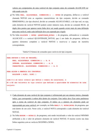 Capítulo 9. Conjuntos 106 
valores aos componentes de uma variável do tipo conjunto antes do comando ALLOCATE ter sido usado com ela. 
g) Na linha REAL, ALLOCATABLE, DIMENSION(:) :: NOTAS do programa, define-se a variável chamada NOTAS com as seguintes características: do tipo conjunto, devido ao comando DIMENSION(:); do tipo alocável, devido ao comando ALLOCATABLE; e do tipo real, ou seja, cada elemento da variável NOTAS poderá conter números reais, devido ao comando REAL. O duplo dois pontos que aparece nesta linha deve ser usado quando existe mais de uma definição para uma variável, onde cada definição deve ser separada por vírgula. 
h) Na linha ALLOCATE ( NOTAS (QUANTIDADE_NOTAS) ) do programa, utilizando-se o comando ALLOCATE e a variável QUANTIDADE_NOTAS, que é um dado do programa, define-se quantos elementos compõem a variável NOTAS e reserva-se o espaço de memória correspondente. 
Tabela 9.2 Sintaxe de comandos para variáveis do tipo conjunto. 
PARA DEFINIR O TIPO DE VARIAVÉL: 
REAL, ALLOCATABLE, DIMENSION(:) :: A, B INTEGER, ALLOCATABLE, DIMENSION(:) :: A, B CHARACTER(X), ALLOCATABLE, DIMENSION(:) :: A, B 
PARA ALOCAR A MEMÓRIA DOS CONJUNTOS: ALLOCATE ( A(N1), B(N2) ) 
onde X é um valor inteiro que define o número de caracteres, e 
N1 e N2 são variáveis do tipo inteiro que definem a quantidade de elementos de cada conjunto. 
i) Cada elemento de uma variável do tipo conjunto é referenciado por um número inteiro, chamado índice, que corresponde à ordem dele dentro do conjunto. Este índice deve ficar entre parênteses após o nome da variável do tipo conjunto. O índice ou o número do elemento pode ser representado por uma variável, por exemplo, na linha READ(*,*) NOTAS(NOTA) do programa, que está dentro de um ciclo. Neste ciclo, a variável NOTA corresponde a cada elemento da variável NOTAS. 
j) Na linha MINIMO = NOTAS(1) do programa, está sendo inicializado o valor da variável MINIMO atribuindo a ela o valor do primeiro elemento da variável NOTAS. O mesmo ocorre nas duas linhas seguintes com as variáveis MAXIMO e SOMA.  