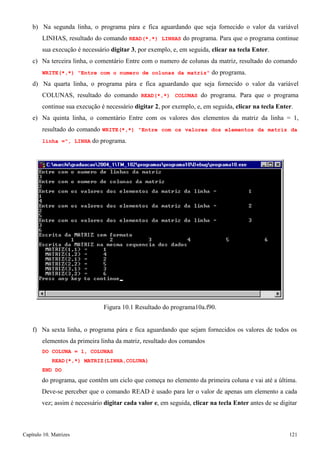 Capítulo 10. Matrizes 121 
b) Na segunda linha, o programa pára e fica aguardando que seja fornecido o valor da variável LINHAS, resultado do comando READ(*,*) LINHAS do programa. Para que o programa continue sua execução é necessário digitar 3, por exemplo, e, em seguida, clicar na tecla Enter. 
c) Na terceira linha, o comentário Entre com o numero de colunas da matriz, resultado do comando 
WRITE(*,*) Entre com o numero de colunas da matriz do programa. 
d) Na quarta linha, o programa pára e fica aguardando que seja fornecido o valor da variável COLUNAS, resultado do comando READ(*,*) COLUNAS do programa. Para que o programa continue sua execução é necessário digitar 2, por exemplo, e, em seguida, clicar na tecla Enter. 
e) Na quinta linha, o comentário Entre com os valores dos elementos da matriz da linha = 1, resultado do comando WRITE(*,*) Entre com os valores dos elementos da matriz da 
linha =, LINHA do programa. 
Figura 10.1 Resultado do programa10a.f90. 
f) Na sexta linha, o programa pára e fica aguardando que sejam fornecidos os valores de todos os elementos da primeira linha da matriz, resultado dos comandos 
DO COLUNA = 1, COLUNAS 
READ(*,*) MATRIZ(LINHA,COLUNA) END DO 
do programa, que contêm um ciclo que começa no elemento da primeira coluna e vai até a última. 
Deve-se perceber que o comando READ é usado para ler o valor de apenas um elemento a cada vez; assim é necessário digitar cada valor e, em seguida, clicar na tecla Enter antes de se digitar  