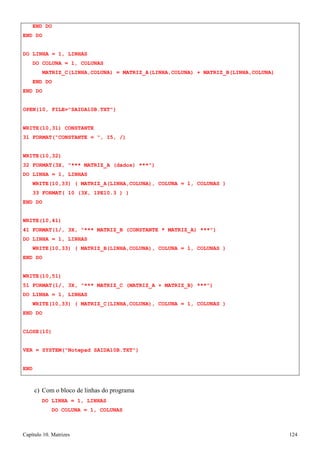Capítulo 10. Matrizes 124 
END DO END DO 
DO LINHA = 1, LINHAS 
DO COLUNA = 1, COLUNAS 
MATRIZ_C(LINHA,COLUNA) = MATRIZ_A(LINHA,COLUNA) + MATRIZ_B(LINHA,COLUNA) END DO 
END DO 
OPEN(10, FILE=SAIDA10B.TXT) WRITE(10,31) CONSTANTE 
31 FORMAT(CONSTANTE = , I5, /) 
WRITE(10,32) 
32 FORMAT(3X, *** MATRIZ_A (dados) ***) DO LINHA = 1, LINHAS 
WRITE(10,33) ( MATRIZ_A(LINHA,COLUNA), COLUNA = 1, COLUNAS ) 
33 FORMAT( 10 (3X, 1PE10.3 ) ) END DO 
WRITE(10,41) 
41 FORMAT(1/, 3X, *** MATRIZ_B (CONSTANTE * MATRIZ_A) ***) DO LINHA = 1, LINHAS 
WRITE(10,33) ( MATRIZ_B(LINHA,COLUNA), COLUNA = 1, COLUNAS ) END DO 
WRITE(10,51) 
51 FORMAT(1/, 3X, *** MATRIZ_C (MATRIZ_A + MATRIZ_B) ***) DO LINHA = 1, LINHAS 
WRITE(10,33) ( MATRIZ_C(LINHA,COLUNA), COLUNA = 1, COLUNAS ) END DO 
CLOSE(10) 
VER = SYSTEM(Notepad SAIDA10B.TXT) END 
c) Com o bloco de linhas do programa 
DO LINHA = 1, LINHAS 
DO COLUNA = 1, COLUNAS  