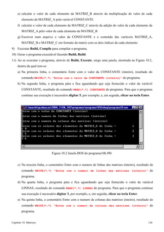 Capítulo 10. Matrizes 126 
e) calcular o valor de cada elemento da MATRIZ_B através da multiplicação do valor de cada elemento da MATRIZ_A pela variável CONSTANTE 
f) calcular o valor de cada elemento da MATRIZ_C através da adição do valor de cada elemento da 
MATRIZ_A pelo valor de cada elemento da MATRIZ_B 
g) Escrever num arquivo o valor da CONSTANTE e o conteúdo das variáveis MATRIZ_A, MATRIZ_B e MATRIZ_C em formato de matriz com os dois índices de cada elemento 
9) Executar Build, Compile para compilar o programa. 
10) Gerar o programa-executável fazendo Build, Build. 
11) Ao se executar o programa, através de Build, Execute, surge uma janela, mostrada na Figura 10.2, dentro da qual tem-se: 
a) Na primeira linha, o comentário Entre com o valor da CONSTANTE (inteiro), resultado do comando WRITE(*,*) Entre com o valor da CONSTANTE (inteiro) do programa. 
b) Na segunda linha, o programa pára e fica aguardando que seja fornecido o valor da variável 
CONSTANTE, resultado do comando READ(*,*) CONSTANTE do programa. Para que o programa continue sua execução é necessário digitar 5, por exemplo, e, em seguida, clicar na tecla Enter. 
Figura 10.2 Janela DOS do programa10b.f90. 
c) Na terceira linha, o comentário Entre com o numero de linhas das matrizes (inteiro), resultado do comando WRITE(*,*) Entre com o numero de linhas das matrizes (inteiro) do programa. 
d) Na quarta linha, o programa pára e fica aguardando que seja fornecido o valor da variável LINHAS, resultado do comando READ(*,*) LINHAS do programa. Para que o programa continue sua execução é necessário digitar 3, por exemplo, e, em seguida, clicar na tecla Enter. 
e) Na quinta linha, o comentário Entre com o numero de colunas das matrizes (inteiro), resultado do comando WRITE(*,*) Entre com o numero de colunas das matrizes (inteiro) do programa.  