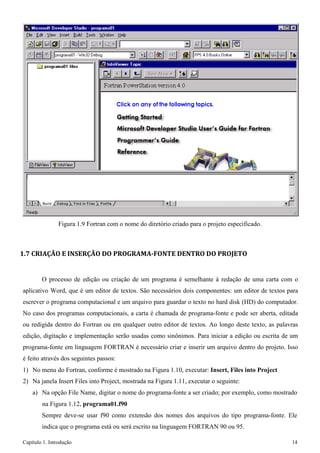 Capítulo 1. Introdução 14 
Figura 1.9 Fortran com o nome do diretório criado para o projeto especificado. 
1.7 CRIAÇÃO E INSERÇÃO DO PROGRAMA-FONTE DENTRO DO PROJETO 
O processo de edição ou criação de um programa é semelhante à redação de uma carta com o aplicativo Word, que é um editor de textos. São necessários dois componentes: um editor de textos para escrever o programa computacional e um arquivo para guardar o texto no hard disk (HD) do computador. No caso dos programas computacionais, a carta é chamada de programa-fonte e pode ser aberta, editada ou redigida dentro do Fortran ou em qualquer outro editor de textos. Ao longo deste texto, as palavras edição, digitação e implementação serão usadas como sinônimos. Para iniciar a edição ou escrita de um programa-fonte em linguagem FORTRAN é necessário criar e inserir um arquivo dentro do projeto. Isso é feito através dos seguintes passos: 
1) No menu do Fortran, conforme é mostrado na Figura 1.10, executar: Insert, Files into Project 
2) Na janela Insert Files into Project, mostrada na Figura 1.11, executar o seguinte: 
a) Na opção File Name, digitar o nome do programa-fonte a ser criado; por exemplo, como mostrado na Figura 1.12, programa01.f90 
Sempre deve-se usar f90 como extensão dos nomes dos arquivos do tipo programa-fonte. Ele indica que o programa está ou será escrito na linguagem FORTRAN 90 ou 95.  