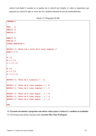 Capítulo 13. Variáveis do tipo real dupla 157 
variável real dupla E causada ao se igualar ela à variável real simples A: todos os algarismos que 
aparecem na variável E após os zeros são lixo, também chamado de erro de arredondamento. 
INTEGER D REAL A 
REAL*4 B REAL(4) C 
REAL*8 E REAL(8) F 
DOUBLE PRECISION G 
Tabela 13.2 Programa13b.f90. 
WRITE(*,*) Entre com o valor de A (real simples) = READ(*,*) A 
D = A 
B = 1 / D 
C = 1.0 / D 
E = A 
F = 1 / D 
G = 1.0 / D 
WRITE(*,*) Valor de D (inteiro) = , D WRITE(*,*) Valor de B (real simples) = , B 
WRITE(*,*) Valor de C (real simples) = , C 
WRITE(*,*) Valor de E (real dupla) = , E WRITE(*,*) Valor de F (real dupla) = , F WRITE(*,*) Valor de G (real dupla) = , G 
END 
10) Executar novamente o programa com outros valores para a variável A e analisar os resultados. 
11) No Fortran, para fechar o projeto atual, executar File, Close Workspace  