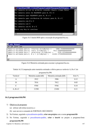 Capítulo 16. Memória e sub-rotinas 2 197 
Figura 16.3 Janela DOS após a execução do programa16a.exe. 
Figura 16.4 Memória estimada para executar o programa16a.exe. 
Tabela 16.2 Comparação entre memória estimada e efetiva para as variáveis A, B e C do programa16a.f90. 
Variável 
Memória usada (kB) 
Memória estimada (kB) 
Erro % 
A 
3912 
3906 
0.15 
B 
7816 
7812 
0.05 
C 
9784 
9766 
0.18 
A, B e C 
21508 
21484 
0.11 
16.2 programa16b.f90 
1) Objetivos do programa: 
(a) utilizar sub-rotina recursiva; e 
(b) usar um novo comando do FORTRAN: RECURSIVE 
2) No Fortran, seguindo o procedimento-padrão, criar um projeto com o nome programa16b 
3) No Fortran, seguindo o procedimento-padrão, criar e inserir no projeto o programa-fonte 
programa16b.f90  
