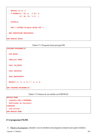 Capítulo 17. Módulos 209 
WRITE(1,4) B, C 
4 FORMAT(1/, 5X, A, = B,  
2/, 5X, I5, = C ) CLOSE(1) 
VER = SYSTEM(Notepad SAIDA.TXT ) END SUBROUTINE RESULTADOS 
END MODULE SAIDA 
PROGRAM PROGRAMA17A USE SAIDA 
IMPLICIT NONE CALL LE_DADOS CALL CALCULOS 
CALL RESULTADOS 
Tabela 17.3 Programa-fonte principal.f90 
WRITE(*,*) I, J, K = , I, J, K 
END PROGRAM PROGRAMA17A 
MODULE NOME 
Tabela 17.4 Sintaxe de um módulo em FORTRAN. 
comandos USE e EXTERNAL 
definições de variáveis 
CONTAINS 
sub-rotinas 
END MODULE NOME 
17.2 programa17b.f90 
1) Objetivo do programa: entender o uso de módulos num programa composto por quatro módulos.  
