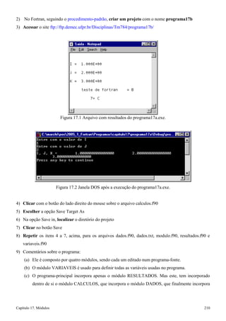 Capítulo 17. Módulos 210 
2) No Fortran, seguindo o procedimento-padrão, criar um projeto com o nome programa17b 
3) Acessar o site ftp://ftp.demec.ufpr.br/Disciplinas/Tm784/programa17b/ 
Figura 17.1 Arquivo com resultados do programa17a.exe. 
Figura 17.2 Janela DOS após a execução do programa17a.exe. 
4) Clicar com o botão do lado direito do mouse sobre o arquivo calculos.f90 
5) Escolher a opção Save Target As 
6) Na opção Save in, localizar o diretório do projeto 
7) Clicar no botão Save 
8) Repetir os itens 4 a 7, acima, para os arquivos dados.f90, dados.txt, modulo.f90, resultados.f90 e variaveis.f90 
9) Comentários sobre o programa: 
(a) Ele é composto por quatro módulos, sendo cada um editado num programa-fonte. 
(b) O módulo VARIAVEIS é usado para definir todas as variáveis usadas no programa. 
(c) O programa-principal incorpora apenas o módulo RESULTADOS. Mas este, tem incorporado dentro de si o módulo CALCULOS, que incorpora o módulo DADOS, que finalmente incorpora  