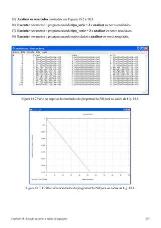 Capítulo 18. Solução de séries e raízes de equações 217 
15) Analisar os resultados mostrados nas Figuras 18.2 e 18.3. 
16) Executar novamente o programa usando tipo_serie = 2 e analisar os novos resultados. 
17) Executar novamente o programa usando tipo_ serie = 3 e analisar os novos resultados. 
18) Executar novamente o programa usando outros dados e analisar os novos resultados. 
Figura 18.2 Parte do arquivo de resultados do programa18a.f90 para os dados da Fig. 18.1. 
Figura 18.3. Gráfico com resultados do programa18a.f90 para os dados da Fig. 18.1.  