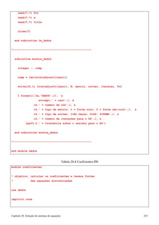Capítulo 20. Solução de sistemas de equações 253 
read(7,*) Tol read(7,*) w read(7,*) title 
close(7) 
end subroutine le_dados 
!------------------------------------------------- subroutine mostra_dados 
integer :: comp 
comp = len(trim(adjustl(caso))) 
write(10,1) trim(adjustl(caso)), N, matriz, solver, iteracao, Tol 
1 format(/,5x,'DADOS',//,  
acomp,' = caso',/,  
i6,' = número de nós',/,  
i6,' = tipo de matriz: 1 = fonte nulo; 2 = fonte não-nulo',/,  
i6,' = tipo de solver: 1=El.Gauss; 2=GS; 3=TDMA',/,  
i6,' = número de iterações para o GS',/,  
1pe10.2,' = tolerância sobre o resíduo para o GS') 
end subroutine mostra_dados 
!------------------------------------------------- end module dados 
module coeficientes 
Tabela 20.4 Coeficientes.f90 
! objetivo: calcular os coeficientes e termos fontes 
! das equações discretizadas use dados 
implicit none  