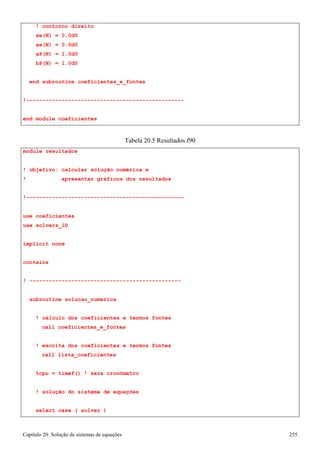 Capítulo 20. Solução de sistemas de equações 255 
! contorno direito 
aw(N) 
= 
0.0d0 
ae(N) 
= 
0.0d0 
aP(N) 
= 
1.0d0 
bP(N) 
= 
1.0d0 
end subroutine coeficientes_e_fontes 
!------------------------------------------------- end module coeficientes 
module resultados 
Tabela 20.5 Resultados.f90 
! objetivo: calcular solução numérica e 
! apresentar gráficos dos resultados 
!------------------------------------------------- use coeficientes 
use solvers_1D implicit none contains 
! ----------------------------------------------- subroutine solucao_numerica 
! cálculo dos coeficientes e termos fontes call coeficientes_e_fontes 
! escrita dos coeficientes e termos fontes call lista_coeficientes 
tcpu = timef() ! zera cronômetro 
! solução do sistema de equações select case ( solver )  